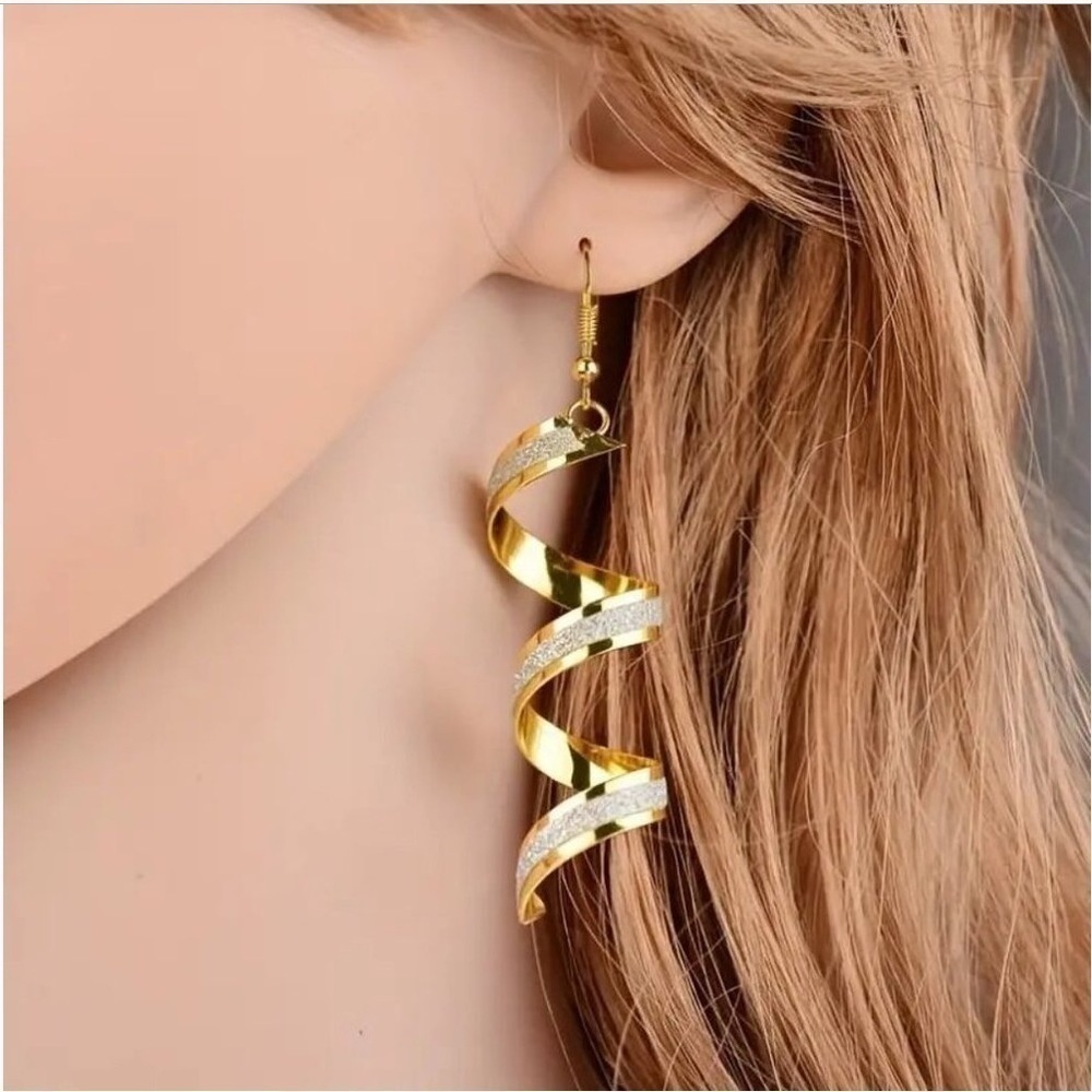 Long Goldtone Dangle Swirl Spiral Glitter Earrings NWT